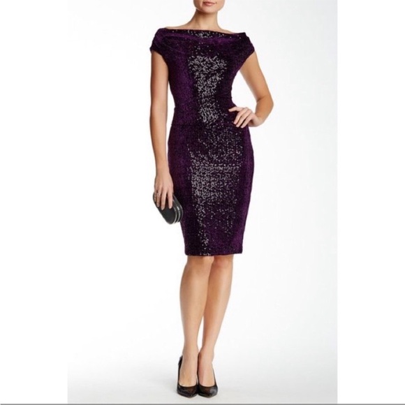 Eliza J Dresses & Skirts - Eliza J • sequin velvet sheath dress purple draped cowl